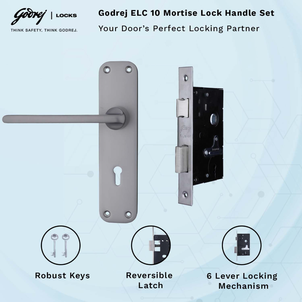 Godrej Mortise Lock I Door Handle Lock For Main & Internal Door | ELC 10 | 6-Lever Locking Mechanism | Reversible Latch | Lock For Wooden Doors (Matt Black Nickel Finish) | 1 Year Warrenty